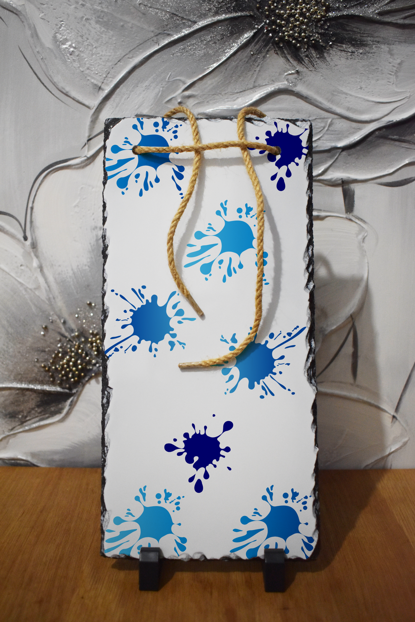 Personalised photo slate with custom image, stone frame and display stand