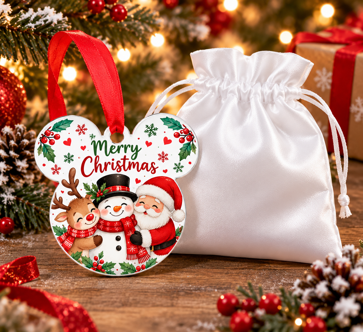Mouse ears aluminium Christmas ornament with red ribbon and white satin gift pouch