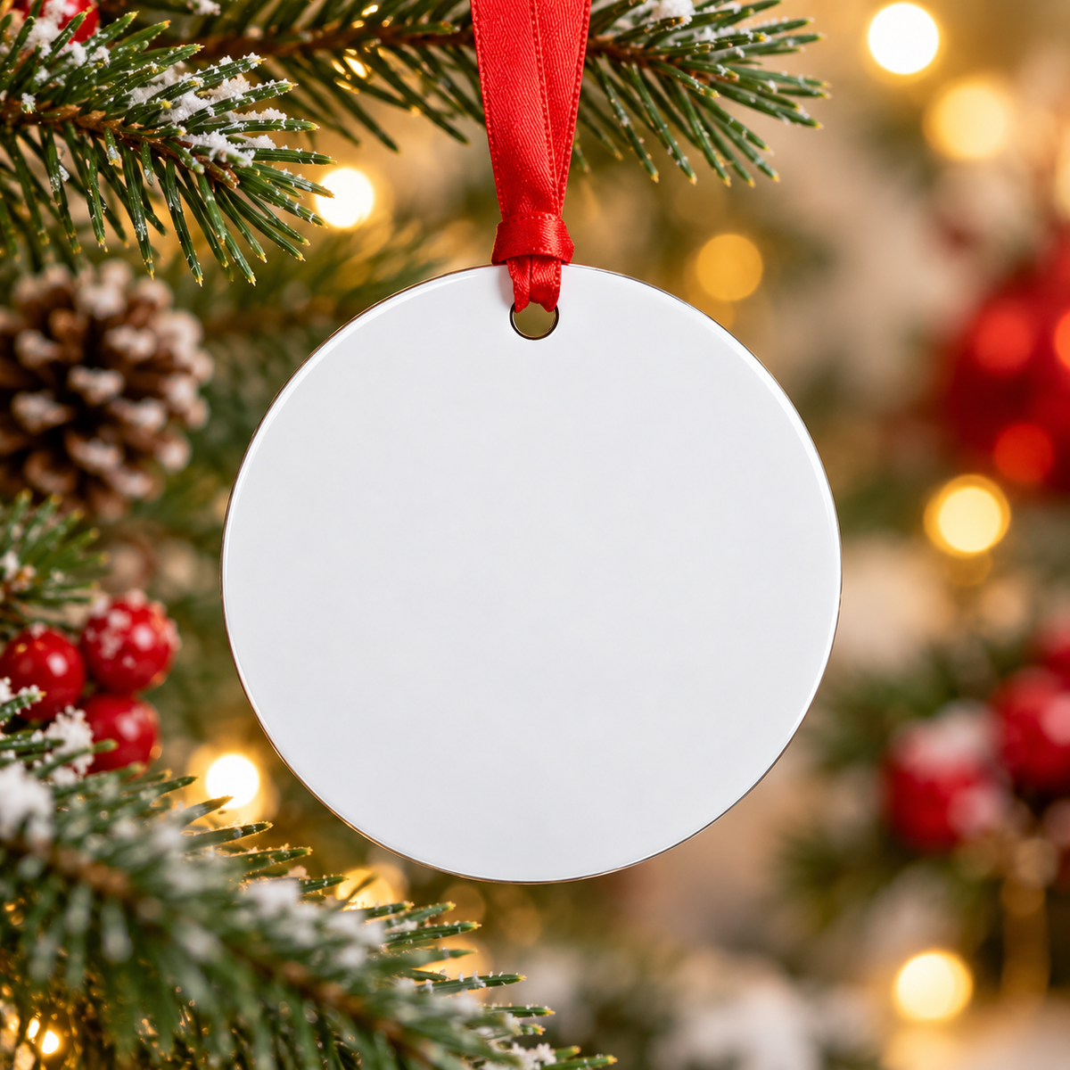 Custom round aluminium ornament with red ribbon for double-sided printing