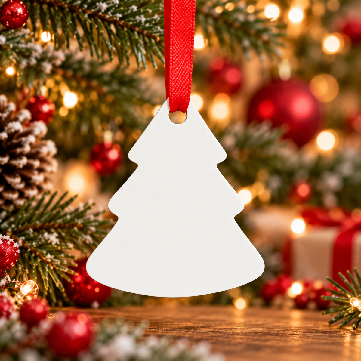Blank Christmas tree aluminium ornament with red ribbon on festive Christmas background