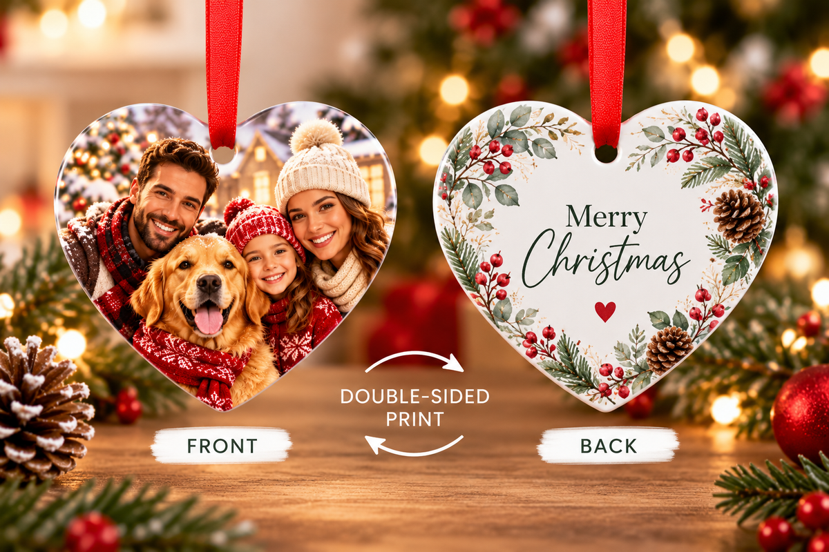 Double-sided heart aluminium ornament showing different personalised front and back Christmas designs with red ribbons
