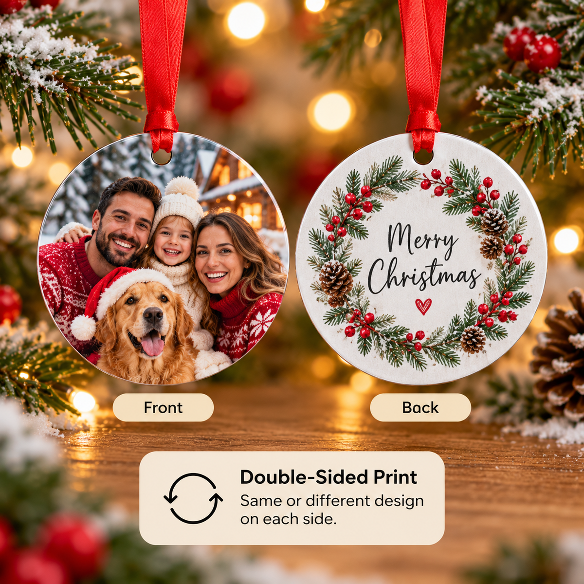 Custom double-sided round aluminium ornament showing different front and back designs with red ribbon