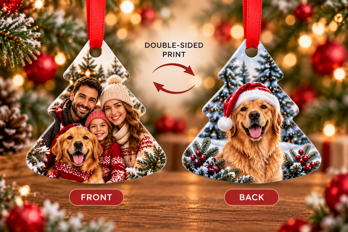 Double-sided Christmas tree aluminium ornament showing different personalised front and back designs with red ribbons