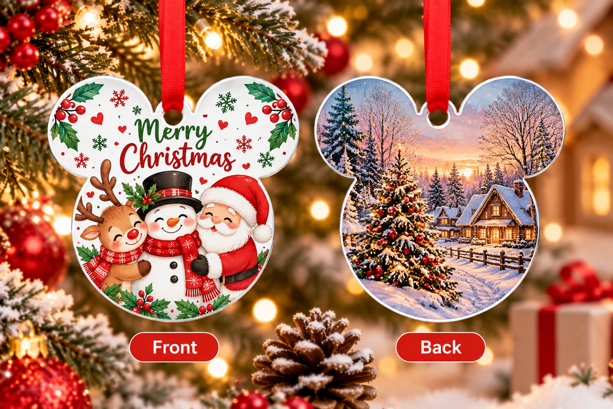 Double-sided mouse ears aluminium ornament showing different front and back Christmas designs with red ribbons