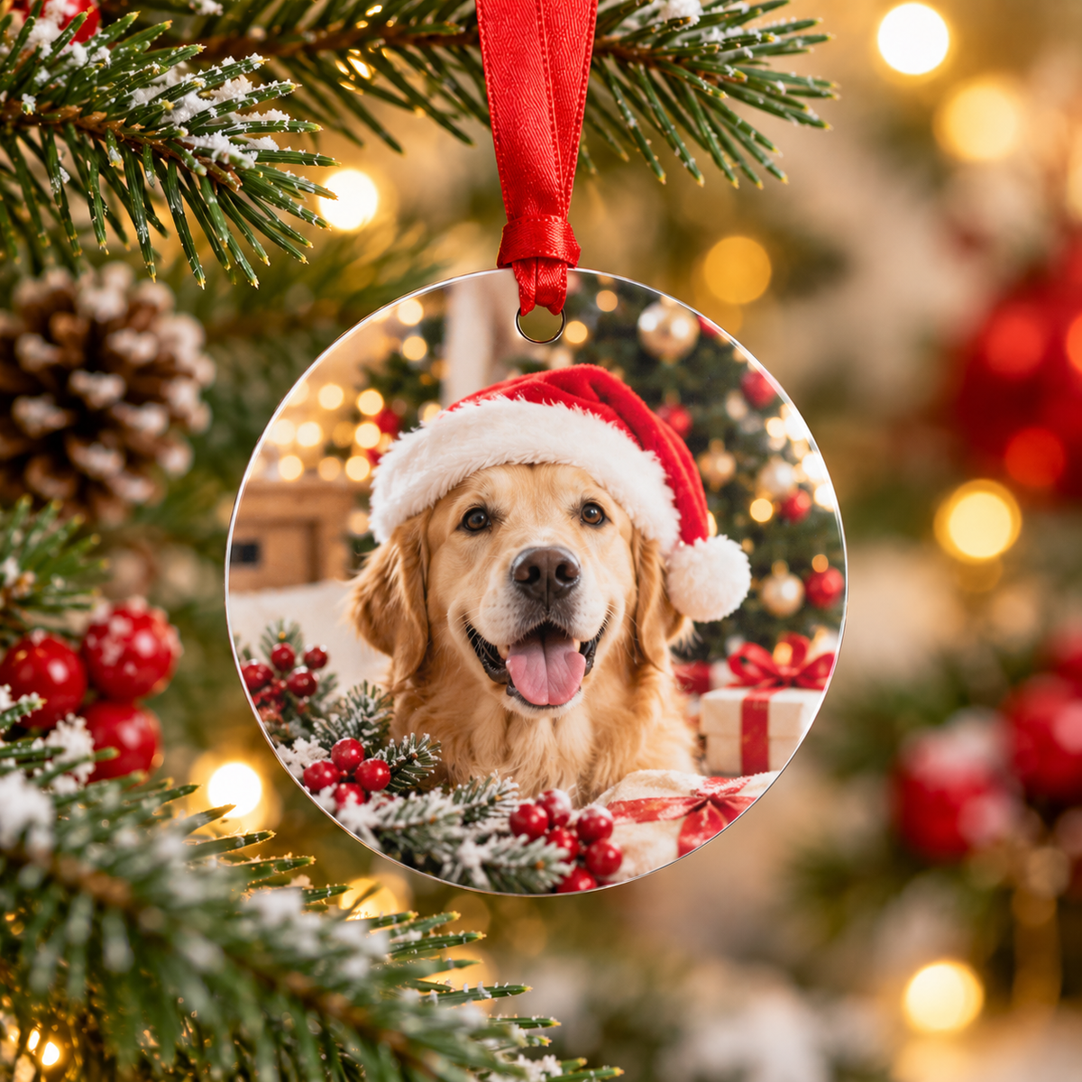 Custom round aluminium ornament with personalised photo design and red ribbon