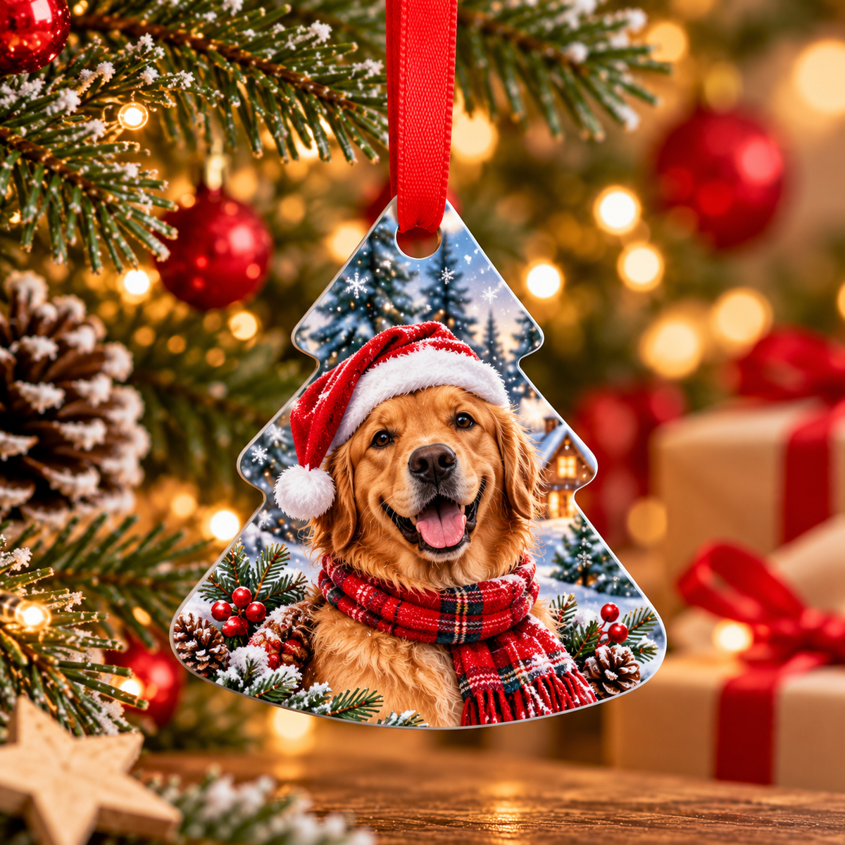 Custom Christmas tree aluminium ornament with colourful personalised dog design and red ribbon