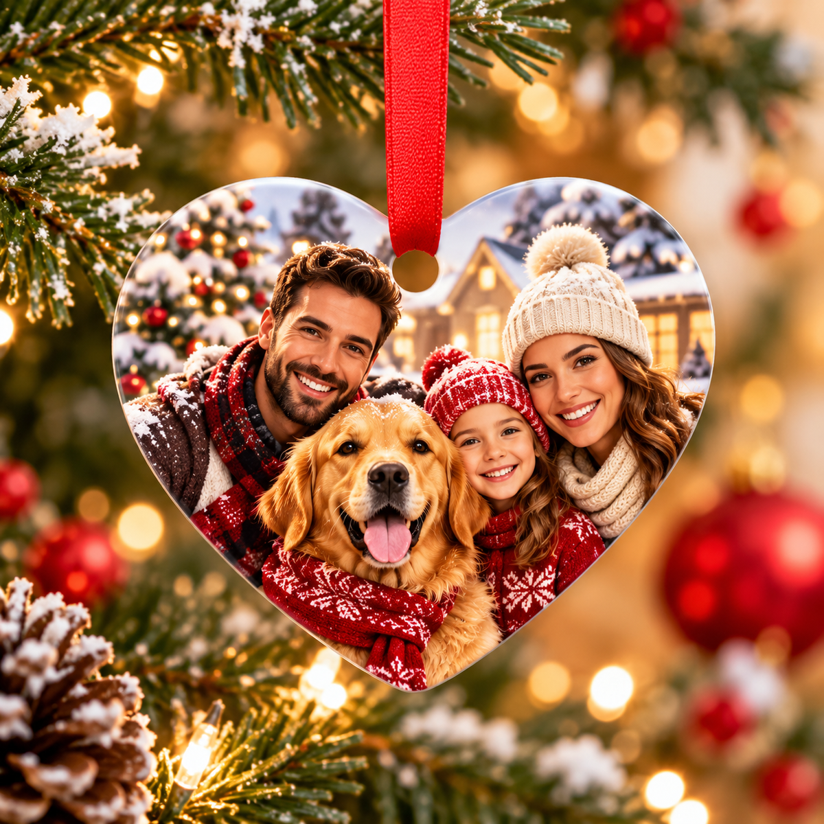 Personalised heart aluminium Christmas ornament with family photo and red ribbon
