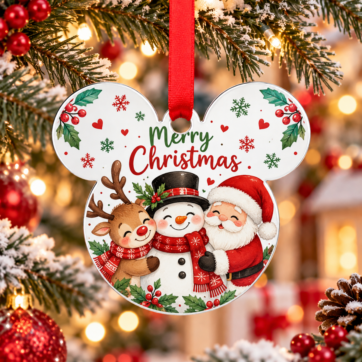 Mouse ears aluminium ornament with colourful Christmas design and red ribbon on festive background