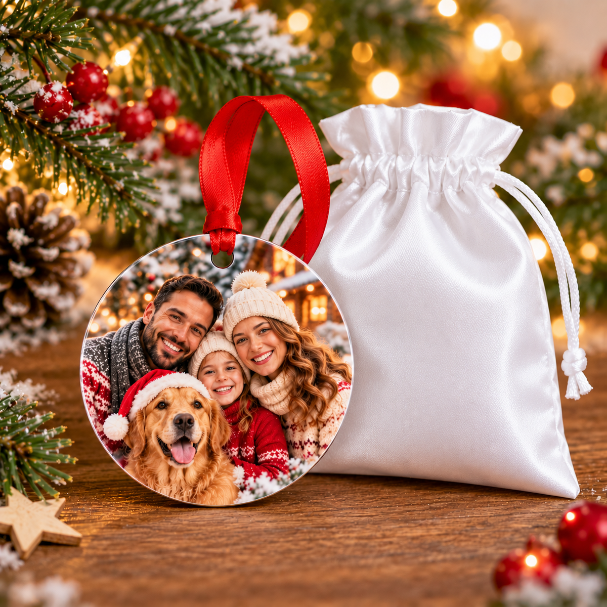 Personalised round aluminium ornament with red ribbon and white satin gift pouch