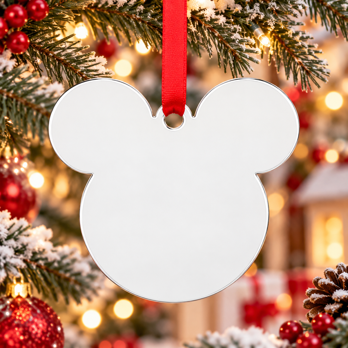 Blank mouse ears aluminium ornament with red ribbon on festive Christmas background