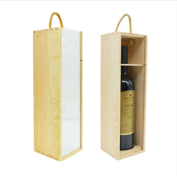 Personalised wooden wine gift box for single bottle with custom printable panel and rope handle.
