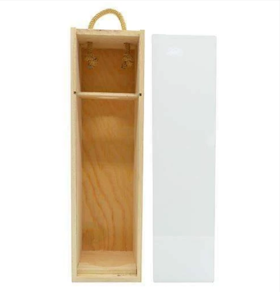 A light natural wood wine bottle carrier with a rope handle and two hanging loops, shown next to its white plastic protective cover on a white background.